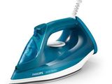 the blue and white electric iron is sitting on a white surface