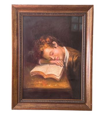tableau représentant un jeune garçon en train de lire un livre sur une table