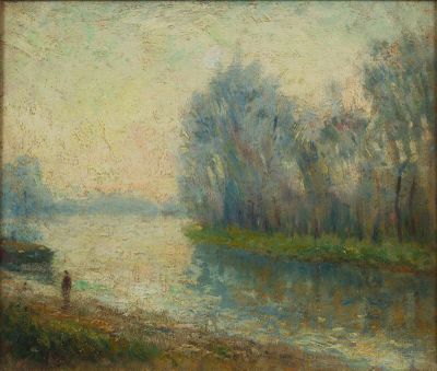 une image représentant un tableau où l'on voit un homme en train de pêcher au bord d'une rivière