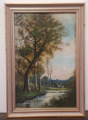 une peinture à l'huile représentant un paysage avec une rivière et des arbres