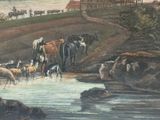 a painting of a herd of animals by a river
