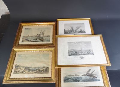 four framed pictures of boats and ships on display in a gold frame