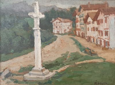 une peinture à l'huile représentant une croix au cœur d'une ville