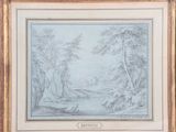 an image of a drawing of a wooded landscape with a man and a dog