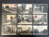 several old black and white photographs of a street in a town
