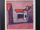 tableau représentant une maison au toit rouge, dans un cadre noir