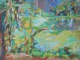 an oil painting of a river and trees in a wooded area