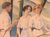 painting of a group of people holding tennis racquets in front of a tent