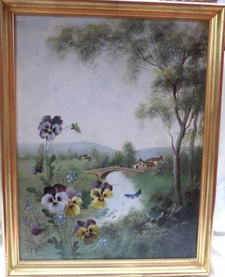 une photo d'une photo représentant un paysage avec des fleurs et des oiseaux