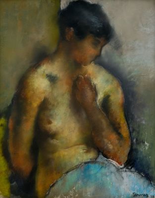 un tableau représentant un homme assis sur une chaise, les mains posées sur la poitrine