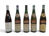 six bottles of wine are lined up in a row on a white surface