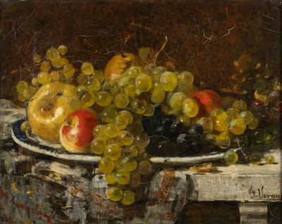 an image of a painting of grapes and apples on a table