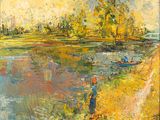 an oil painting of a man fishing on a river with a boat in the background