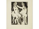 a black and white drawing of two women sitting on a chair