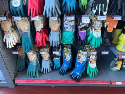 several pairs of gardening gloves are on display in a store