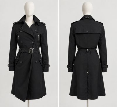 two images of a black trench coat on a mannequin