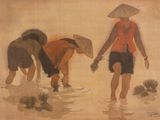 a painting of a woman and two children in the water