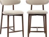 pair of mid - century modern walnut bar stools with upholstered upholstered seat