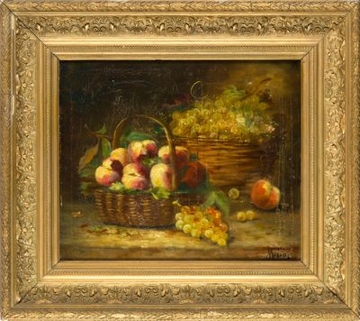 un tableau représentant un panier de fruits avec des raisins et des pêches