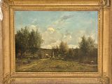 an image of a painting of a farm scene with cows in a field