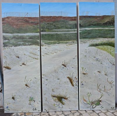 trois tableaux représentant une scène de plage avec du sable, de l'herbe et une clôture
