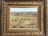 an oil painting of a landscape with a field in the foreground