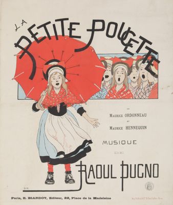 an image of a poster for a musical with a woman holding a red umbrella
