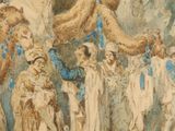 a painting of a camel being carried by a group of people
