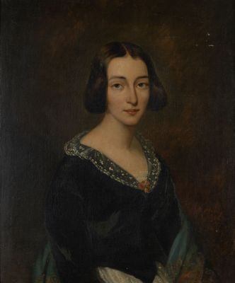 portrait of a woman in a black dress with a blue shawl