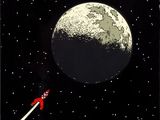 tableau représentant une fusée passant devant la Lune, avec une autre fusée au premier plan