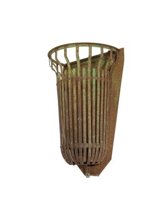 a metal trash can with a green lid on a white background