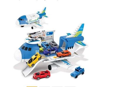une photo d'un avion miniature avec des voitures sur le tarmac