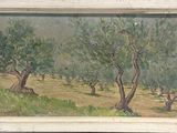 tableau représentant des oliviers, dans un cadre blanc, accroché au mur