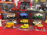 many different types of toy vehicles in the display case