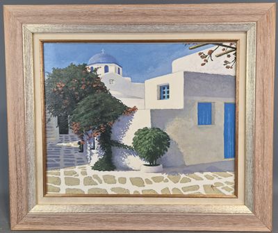 an oil painting of a white building with a blue door and a tree