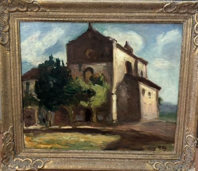 une peinture à l'huile représentant un bâtiment avec un arbre devant