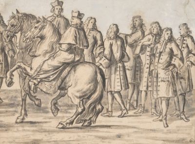 un dessin représentant un homme à cheval entouré d'un groupe de personnes