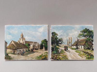 deux tableaux représentant un village avec une route et une église
