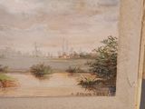 a picture of a painting of a river with a city in the background