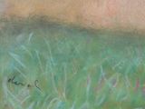 pastel painting of a field of grass with a bird in the distance