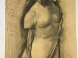 drawing of a nude woman with a hat and a scarf