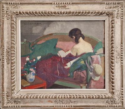an image of a painting of a woman sitting on a couch
