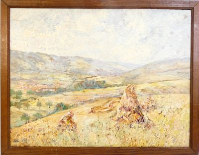 an image of a painting of a landscape with hay bales