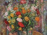 peinture d'un vase de fleurs sur une table devant une fenêtre