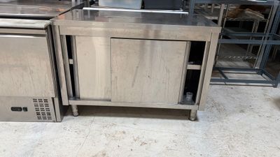 two stainless steel counter tops in a commercial kitchen