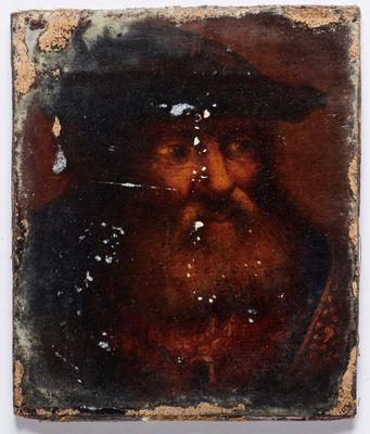 un vieux tableau représentant un homme avec un chapeau et une barbe
