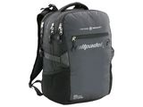 the backpack is gray and black with a zippered pocket on the front