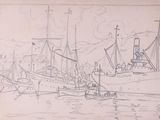 croquis de bateaux dans un port avec un phare en arrière-plan