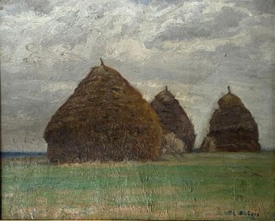 un tableau représentant des meules de foin dans un champ, avec le ciel en arrière-plan