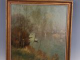 an image of a painting of a river scene with a boat in the water
